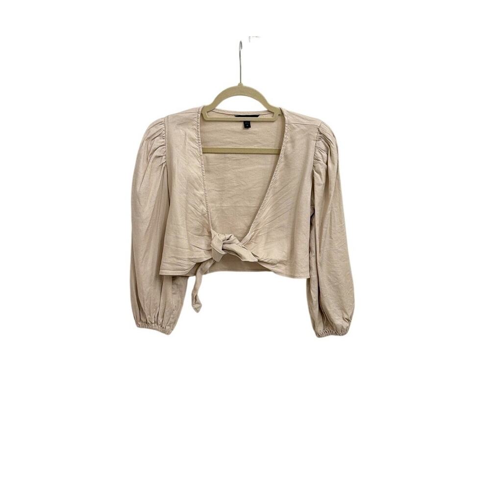 Express Linen Blend Cropped Tie Front Tan Cream Long Puff Sleeve Shirt Size XS
